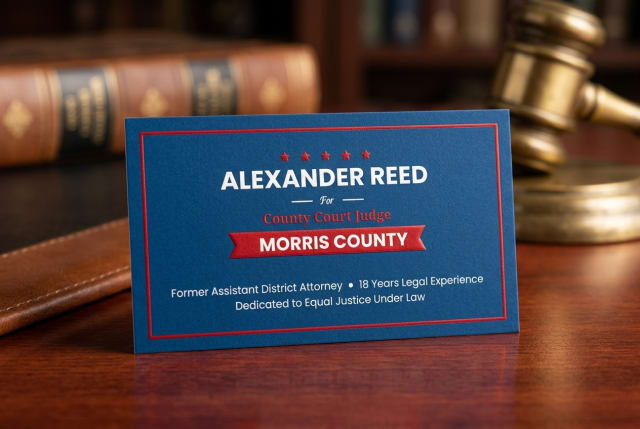 A stack of campaign business cards for a judicial candidate resting on a wooden desk.
