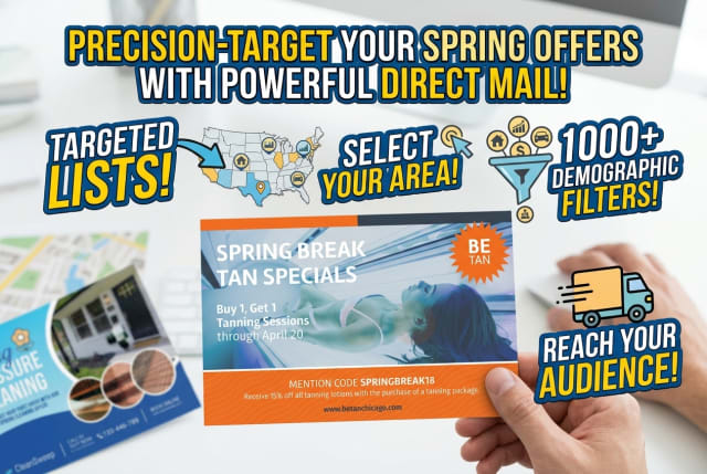 A direct mail postcard for a tanning salon overlaying a demographic search filter tool