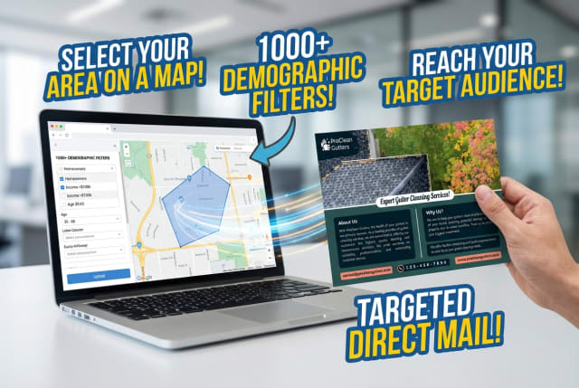A computer screen showing demographic filters for homeowners in a wooded neighborhood, alongside a printed mailer offering premium leaf guard installation.