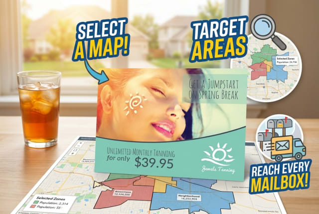 A tanning salon oversized postcard displaying spring break specials alongside a neighborhood postal route map