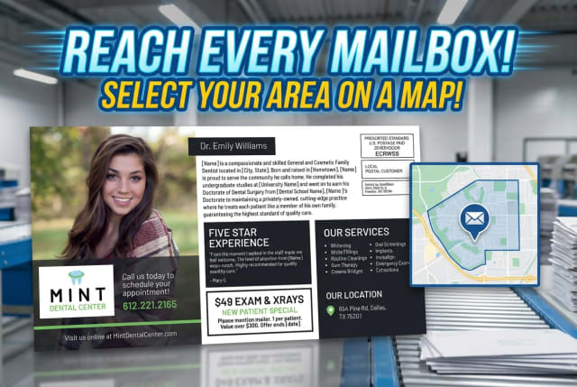 A bundle of oversized dental postcards secured with a rubber band, resting on a mail carrier's satchel.
