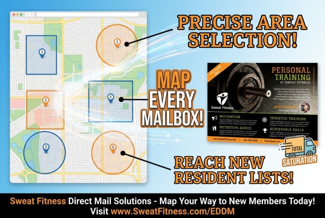 A map interface showing selected mail routes around a fitness studio for an EDDM postcard campaign