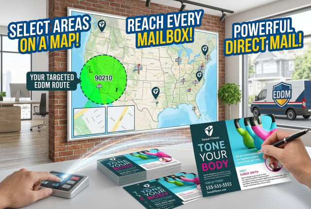 A large postcard featuring a local gym's free trial pass and class schedule, sitting in a mailbox.