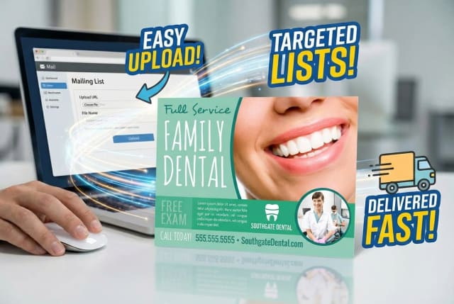 A stack of printed dental postcards sitting next to a computer mouse and keyboard.