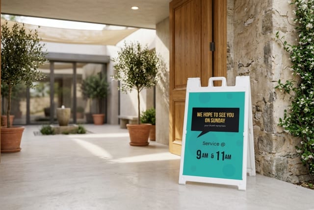 An A-frame sign on a sidewalk near a church building displaying Sunday worship times.