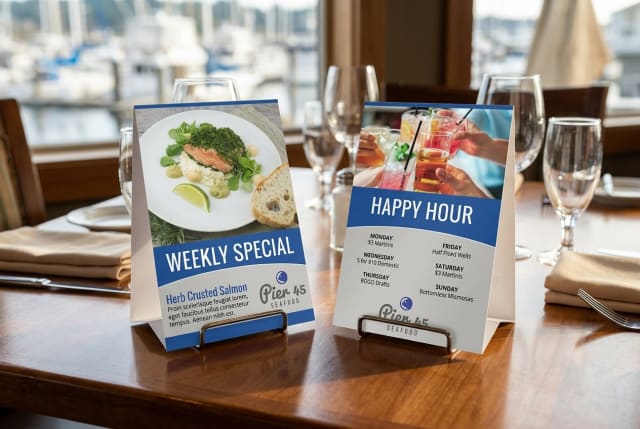 A printed table tent advertising an oyster happy hour special sitting on a restaurant table next to a glass of white wine.