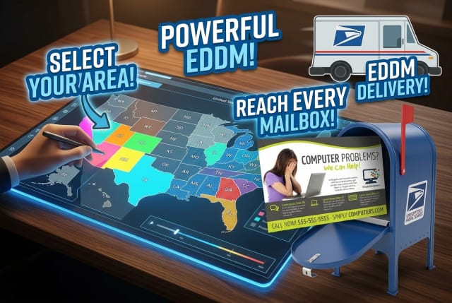 A mail carrier placing oversized tech support postcards into residential neighborhood mailboxes