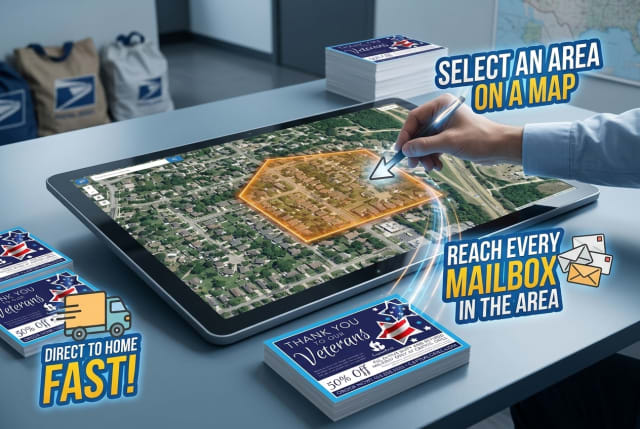 A digital map interface highlighting specific neighborhood postal routes for a Veterans Day mailing