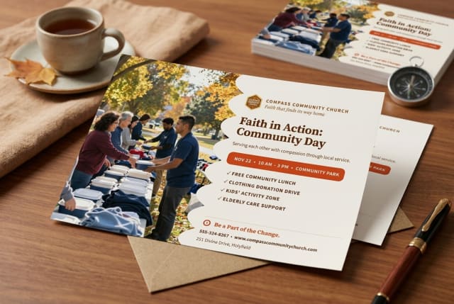 A printed church outreach postcard sitting on a kitchen counter next to a cup of coffee.