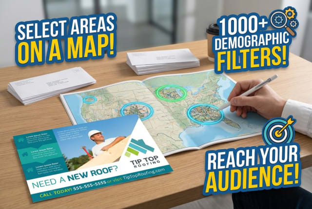 A map interface highlighting specific residential streets for a targeted roofing mailing campaign.