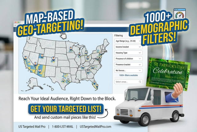 A map interface on a screen showing selected demographic areas for a local holiday mailing campaign.