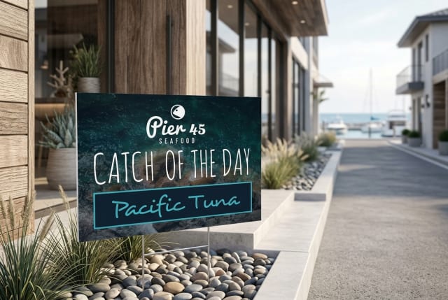 A double-sided yard sign advertising a fresh fish special placed on the grass near a seafood restaurant parking lot.