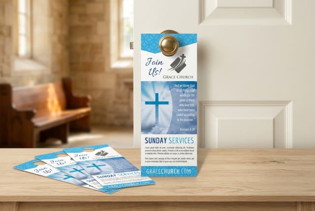 A printed church door hanger displaying Sunday worship service times, hanging on a residential front door knob.