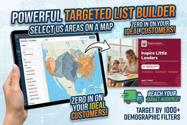 A close-up of a digital map on a tablet highlighting specific zip codes and demographic data for a preschool mailing campaign.