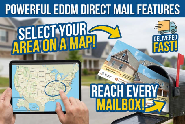 A roofing postcard being placed into a residential mailbox along a neighborhood street.