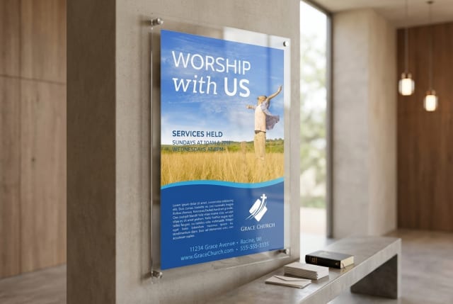 A framed church poster displaying Sunday service times resting on a wooden easel in a church lobby