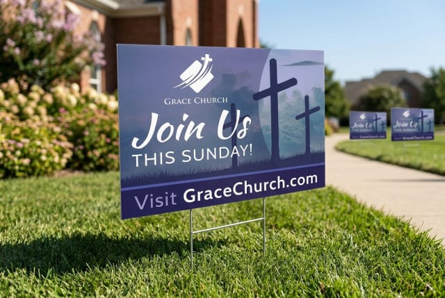 A printed church outreach yard sign staked in a green front lawn near a sidewalk