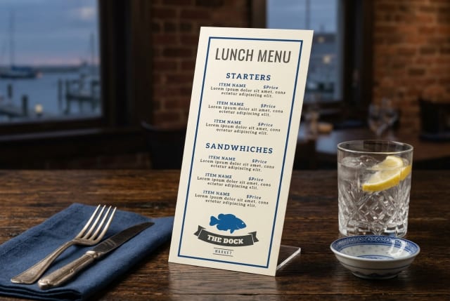 A printed seafood restaurant menu resting on a dining table next to a plate of oysters on the half shell and a glass of white wine.
