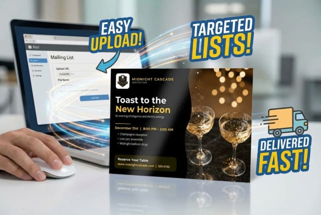 A printed New Years postcard with a VIP event invitation addressed to a specific customer list