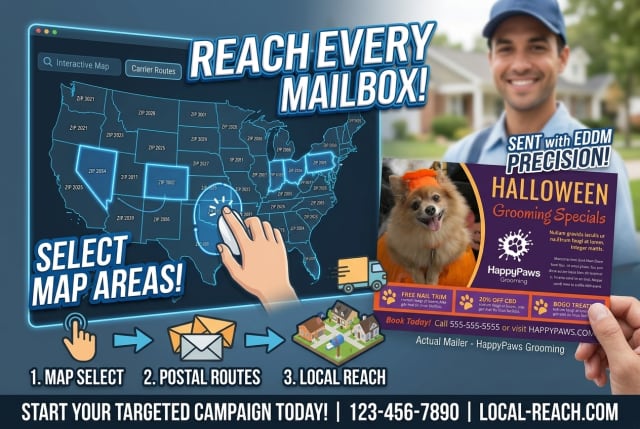 An oversized direct mail postcard advertising a local haunted house inside a residential mailbox.