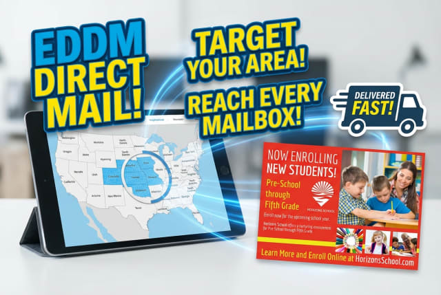 A bundle of large school enrollment postcards bundled for postal carrier delivery