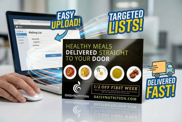 A stack of addressed promotional postcards sitting on a hostess stand next to a stack of dining menus.