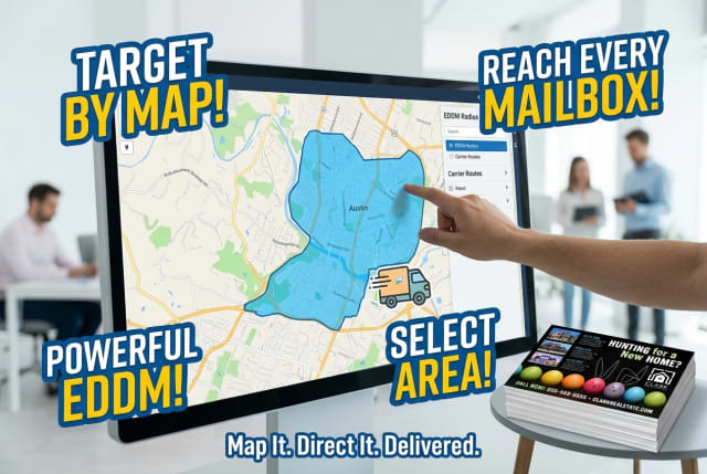 A postal carrier delivering colorful oversized postcards to residential mailboxes