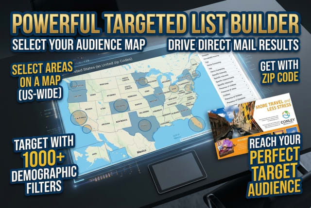 A map interface on a computer screen filtering demographic data next to a printed vacation mailer.