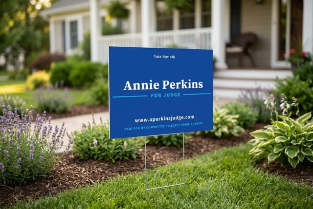 A political yard sign for a judge candidate staked into a residential lawn near a sidewalk.