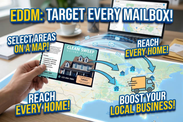 A map view of local carrier routes overlaid with postal data, next to a large promotional flyer for residential roof and drainage maintenance.
