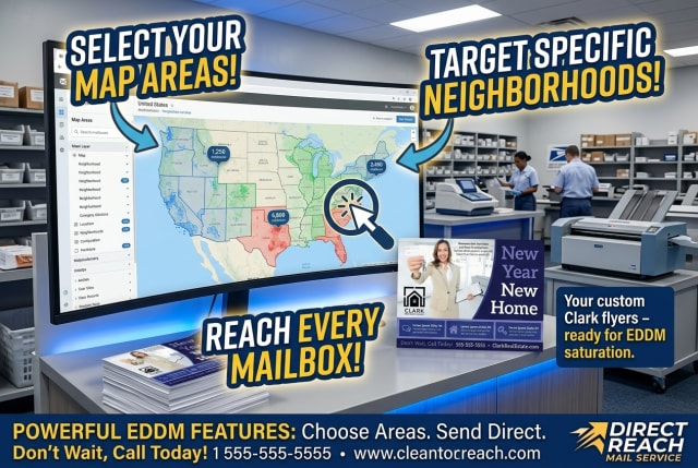 A stack of New Years promotional postcards prepared for Every Door Direct Mail neighborhood delivery