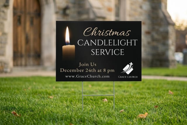 A printed church yard sign displaying Sunday service times, staked into the grass next to a paved walkway.