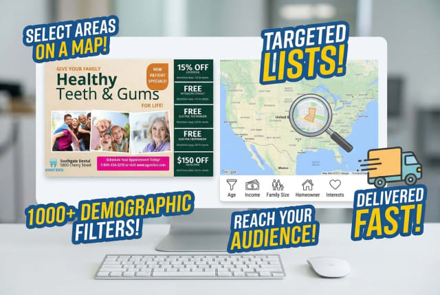 A map interface on a tablet screen showing selected geographic radii around a dental clinic.