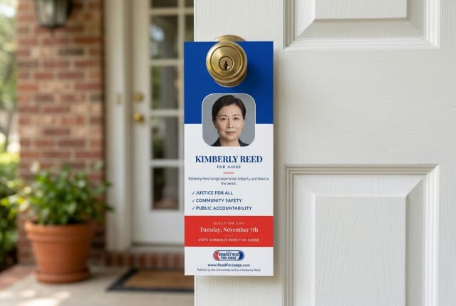 A campaign door hanger detailing a candidate's legal qualifications hanging on a brass residential doorknob.
