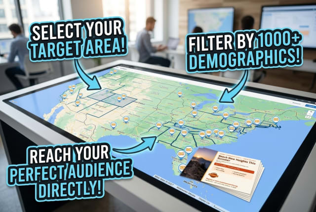 A tablet screen displaying a map interface with highlighted residential zones for a postcard mailing campaign.