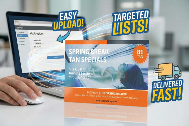 A stack of printed tanning salon promotional postcards prepared for mailing to an existing customer list