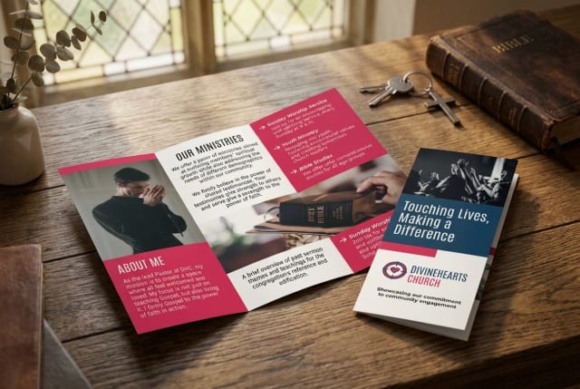 A folded church outreach brochure displaying support group details and a campus map, resting on a wooden welcome table.