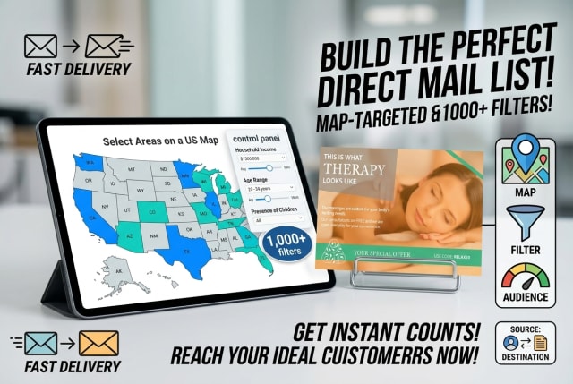 A computer screen showing a targeted geographic radius around a physical therapy clinic to build a mailing list