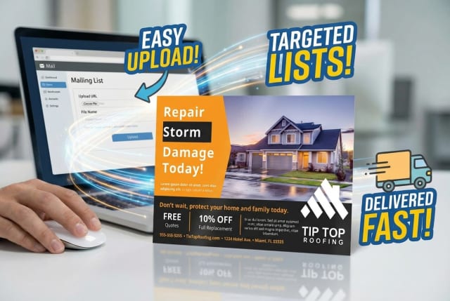 A stack of printed roofing postcards sitting next to a computer displaying a customer address list.