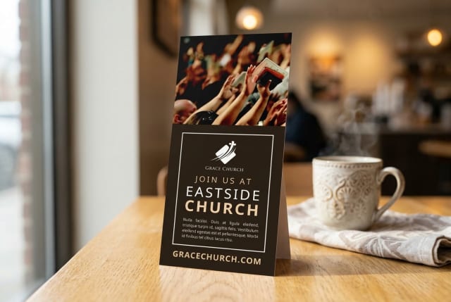 A stack of printed church outreach flyers resting on a table alongside community event materials.