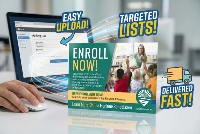 A printed school postcard resting on an open laptop displaying a spreadsheet of parent contact information