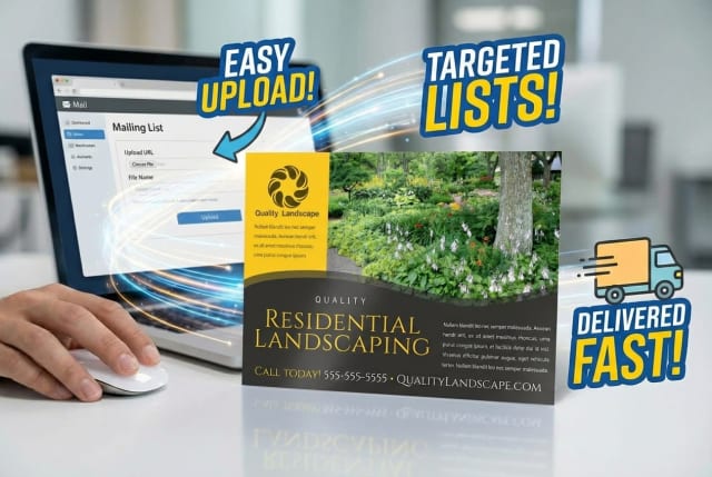 A stack of landscaping postcards on a desk next to a computer screen showing a customer list