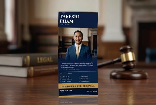 A stack of campaign flyers for a judicial candidate sitting on a wooden registration table at a community event.