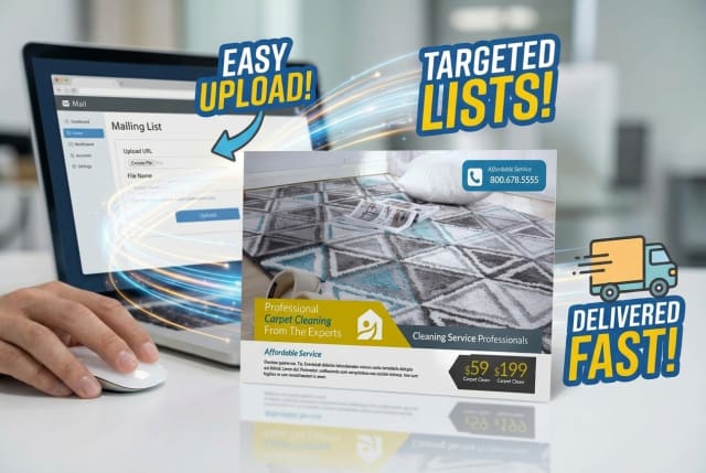 A stack of printed direct mail postcards addressed to previous floor cleaning customers.