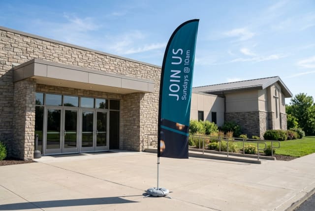 A tall feather flag planted in the grass near a church driveway, displaying a welcome message for Sunday service.