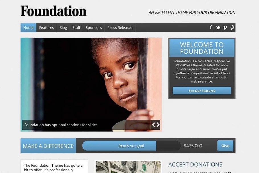 Foundation Nonprofit WordPress Theme by Organized Themes via CreativeMarket