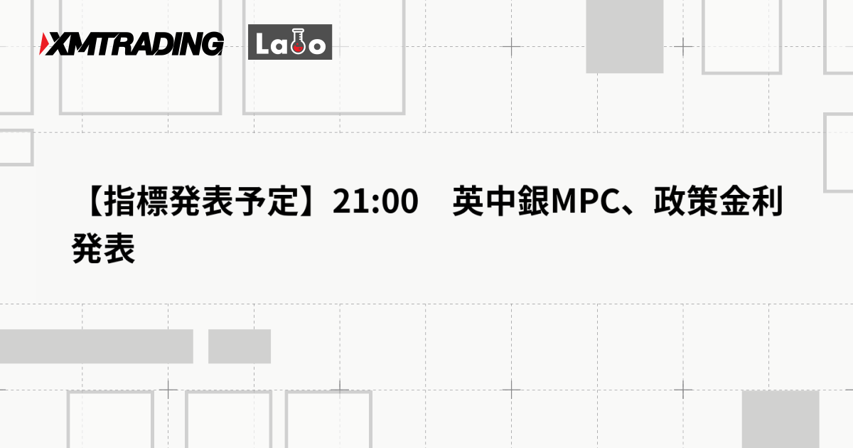 【指標発表予定】21:00　英中銀MPC、政策金利発表