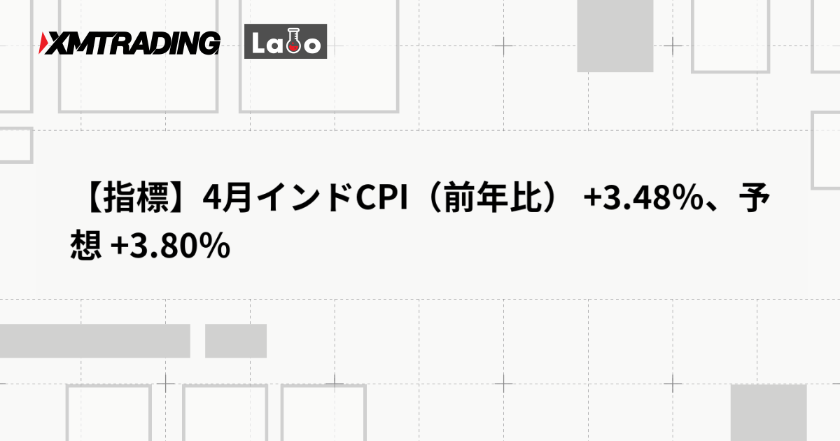 【指標】4月インドCPI（前年比） +3.48％、予想 +3.80％
