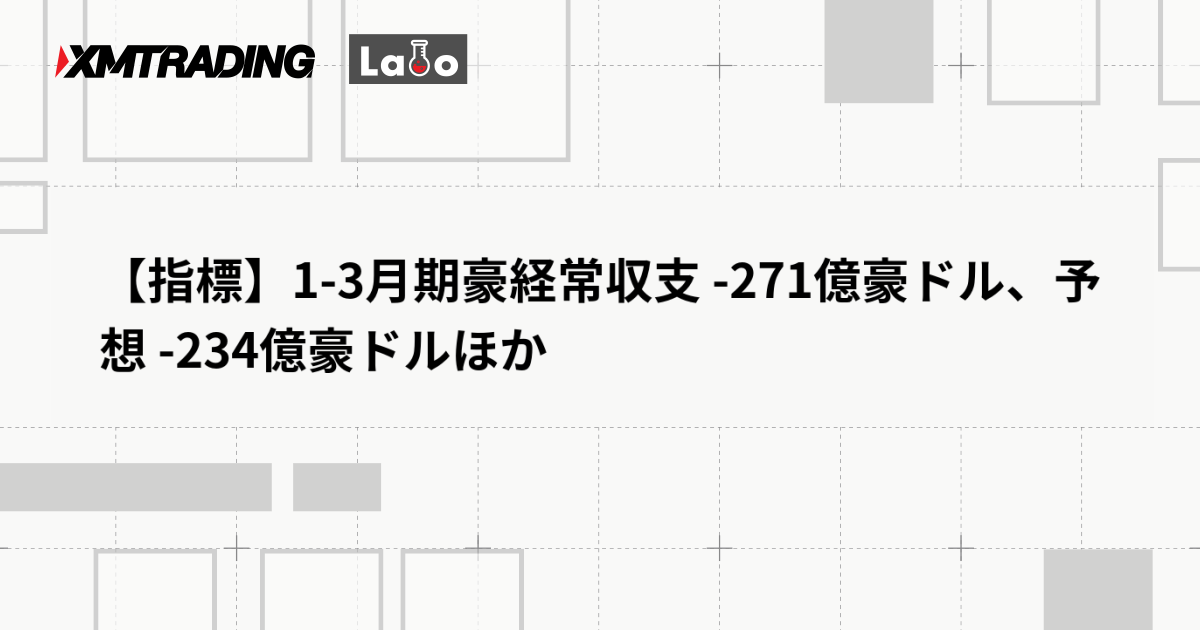 【指標】1-3月期豪経常収支 -271億豪ドル、予想 -234億豪ドルほか
