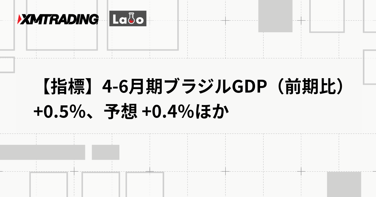 【指標】4-6月期ブラジルGDP（前期比） +0.5％、予想 +0.4％ほか
